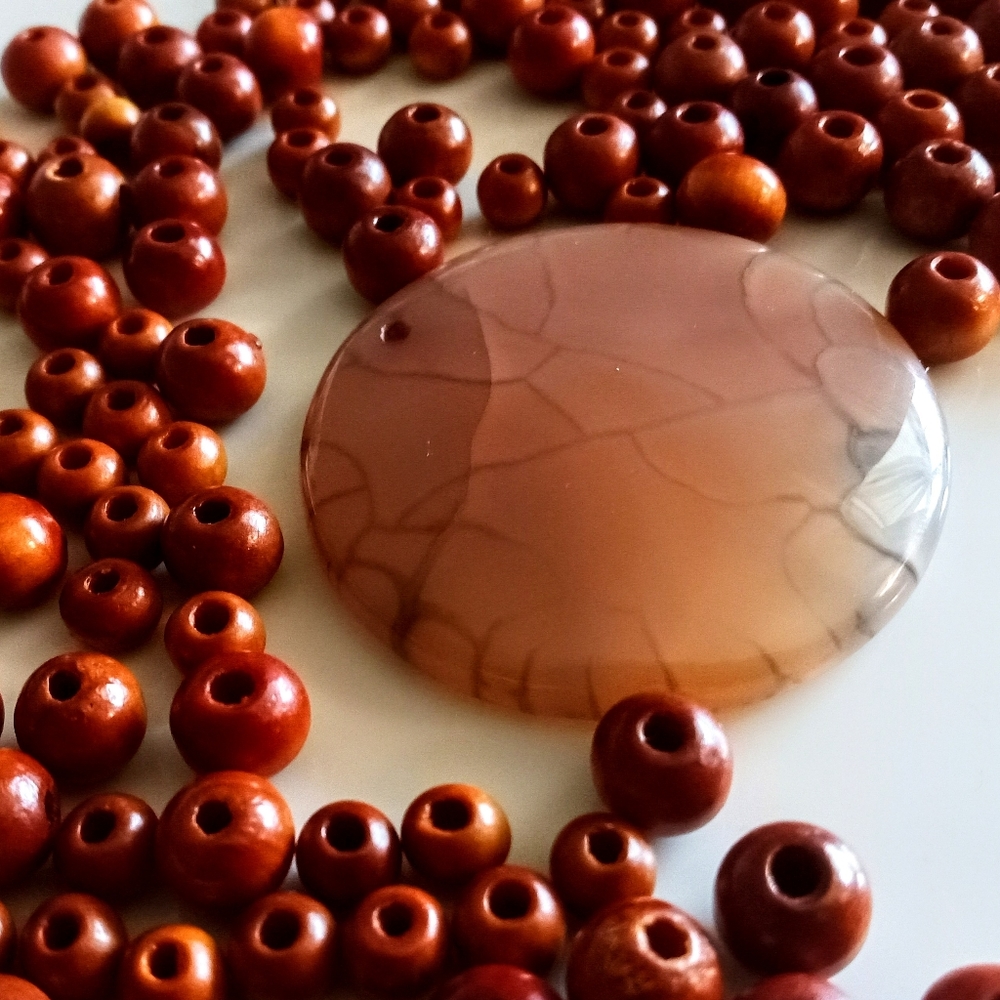 Wooden Round One Hole Beads & Glass Round Pendant